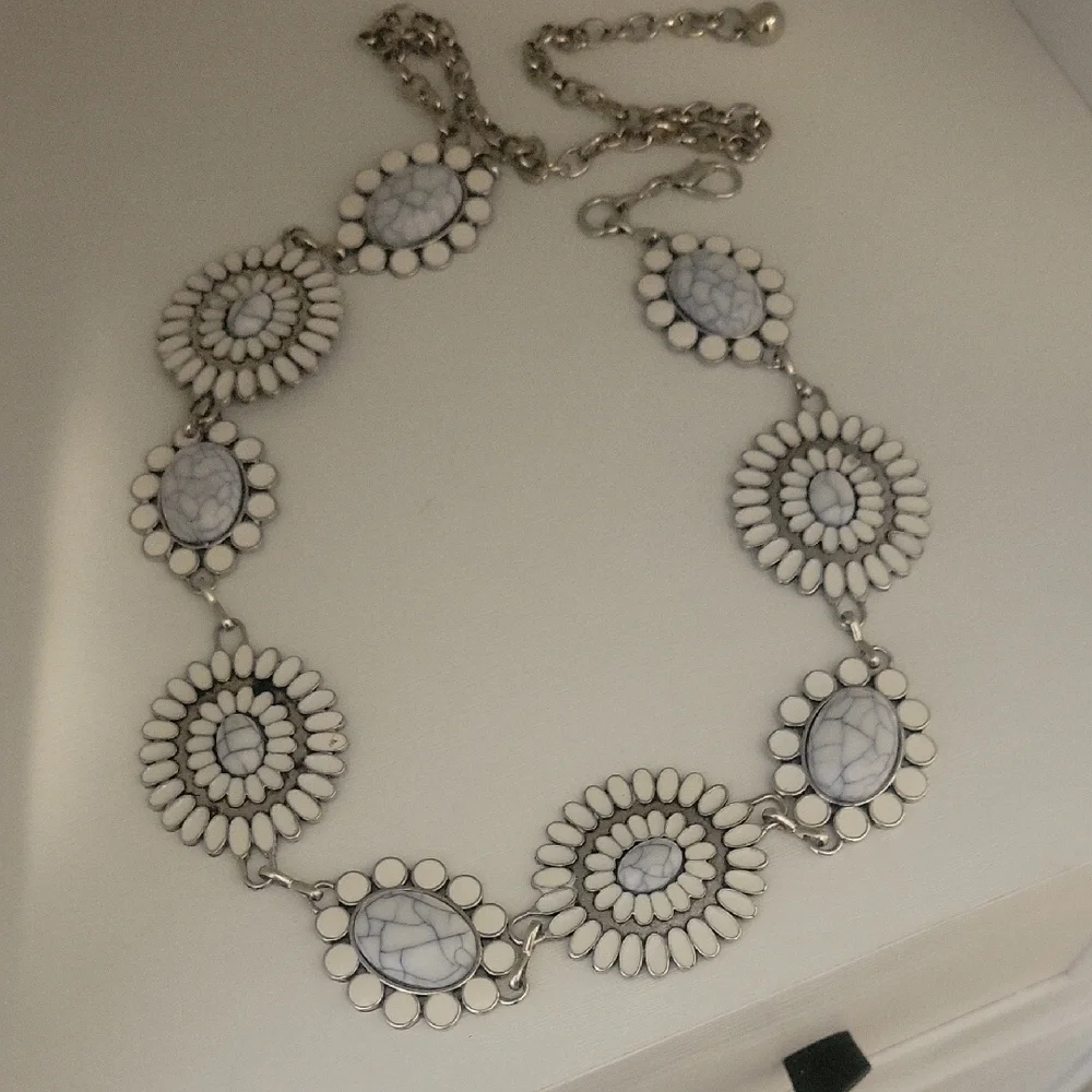 Elegant White and Silver tone Statement Necklace Large white enamel discs